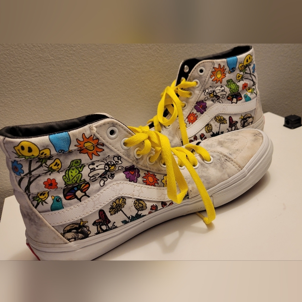 Vans High-Top Sneakers with Colorful Floral & Cartoon Print and Yellow Laces
